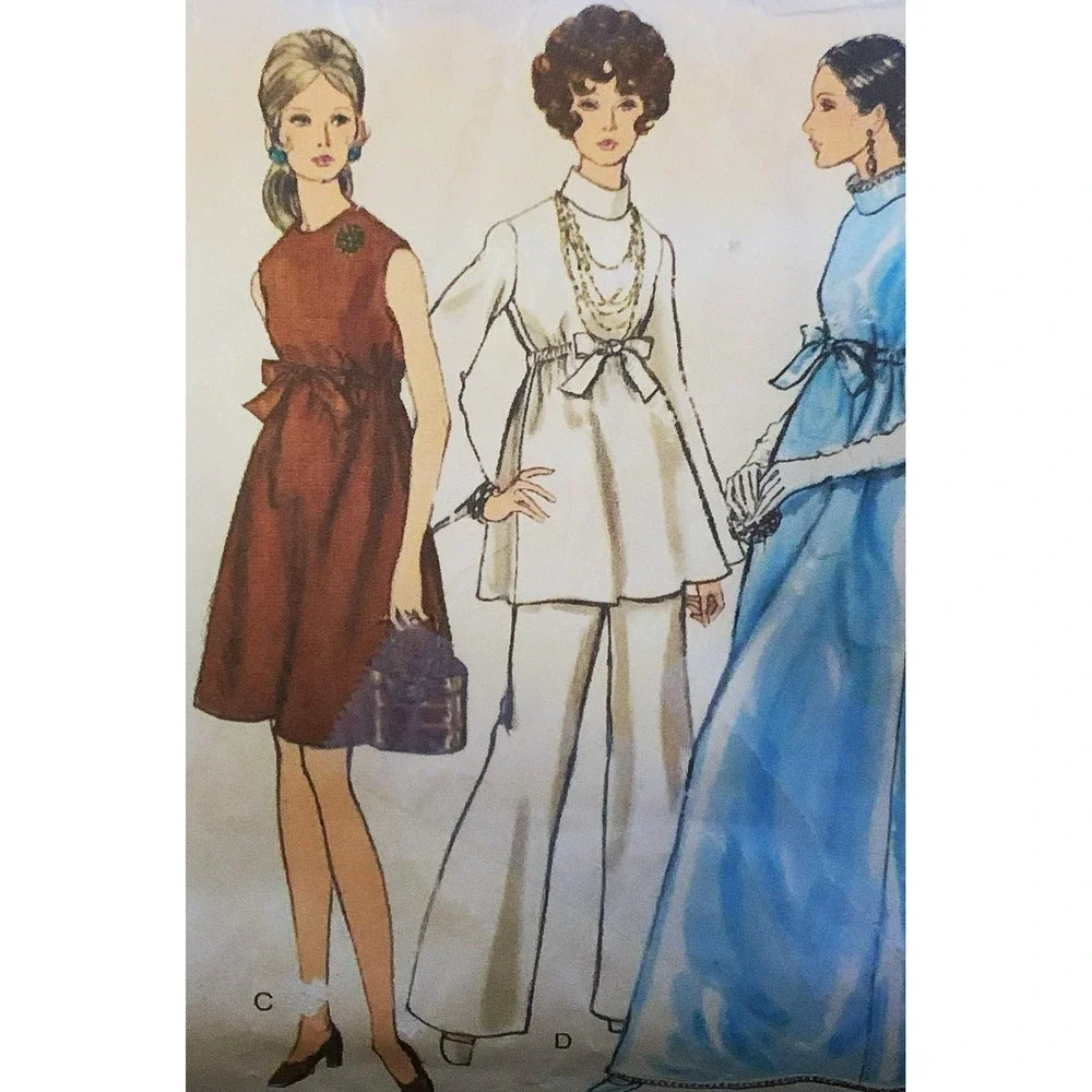 Vogue Pattern 60s Retro Empire Adj Dress Gown Wide Flared Pant EZ Maternity 34